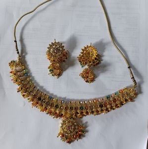 Indian Desi Necklace 17 inch set - mixed stone and bead with earrings pierced